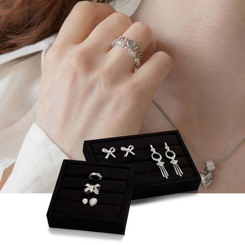Black Velvet 3-Slots Jewelry Ring Display Tray Showcase Small Jewelry Display Organizer Tray for Rings(S) - color: Black, size: S
