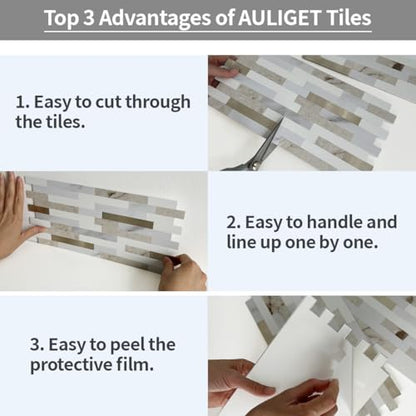 AULIGET 2 Sheets Faux Stone Peel and Stick Backsplash, Beige & White Marble Look PVC Wall Tile Stick on Backsplash for Kitchen and Bathroom - color: Beige & White Marble + Metal Gold, size: 2 Sheets, 6"x12"x0.12"