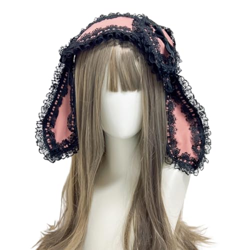 Rabbits Ears Hairband Photo Props Easter Hair Hoop Hairband Party Headpiece Fun Headbands for Music Festival - color: Pink & Black Lace