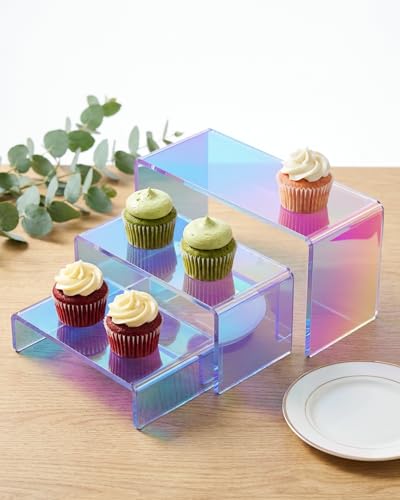 Stackable Acrylic Display Risers, 4 Sets 12 Pieces Clear Riser Stands, 3-Tier Iridesc Stair Stands for Cupcakes, Jewelry, Makeup - Waterproof & Easy Clean, Space-Saving Nesting Design (3 Sizes) - color: Iridescent