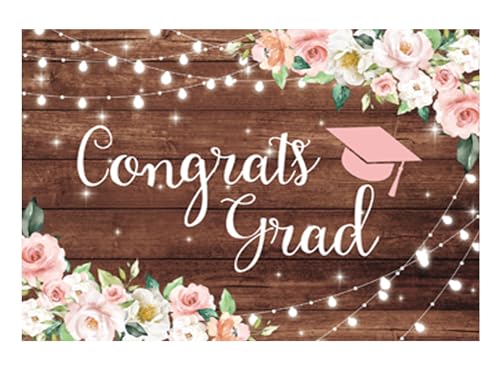 Funnytree 82" x 59" Congrats Grad Backdrop Flower Wood Board Class of 2026 Graduation Background College Prom Party Event Decor Banner Portrait Photobooth Cake Table Selfie Prop Studio Photography - size: 82 x 59 in