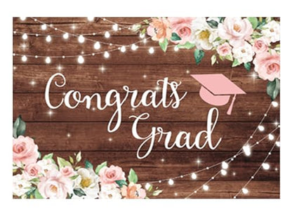 Funnytree 82" x 59" Congrats Grad Backdrop Flower Wood Board Class of 2026 Graduation Background College Prom Party Event Decor Banner Portrait Photobooth Cake Table Selfie Prop Studio Photography - size: 82 x 59 in