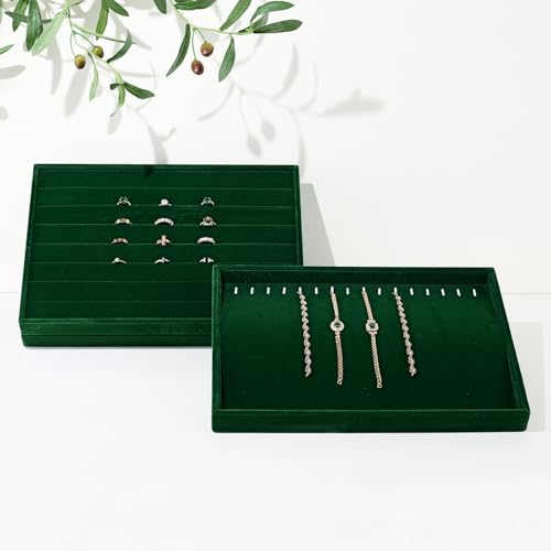 16 Slots Velvet Necklace Bracelet Tray Jewelry Trays Jewelry Drawer Organizer for Necklace, Bracelets, Watch Storage Display (Green) - size: 16 Slot