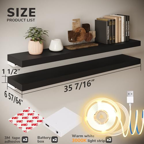 BAMEOS LED Floating Shelves for Wall, 35" W Black Wall Mounted Wooden Shelves with Invisible Brackets, Set of 2, Hanging Wall Shelves for Bedroom, Living Room, Kitchen, Study Decoration - color: Black-cob, size: 35 x 7