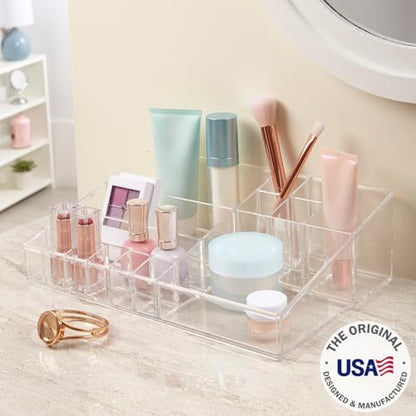 STORi Audrey Clear Vanity Makeup Organizer | 15-Compartment Holder for Brushes, Eyeshadow Palettes, & Beauty Supplies | Stacks on Audrey Storage Drawers | Made in USA - style: Cosmetic Organizer Topper