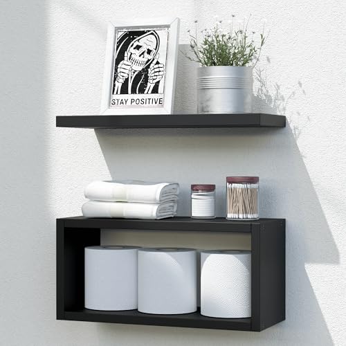 RICHER HOUSE Floating Shelves Bathroom, Black Floating Shelves for Wall, Above Toilet Bathroom Shelves, Wall Mounted Hanging Shelves for Bedroom, Kitchen, Living Room Decor - Black - color: Black, size: 1+1