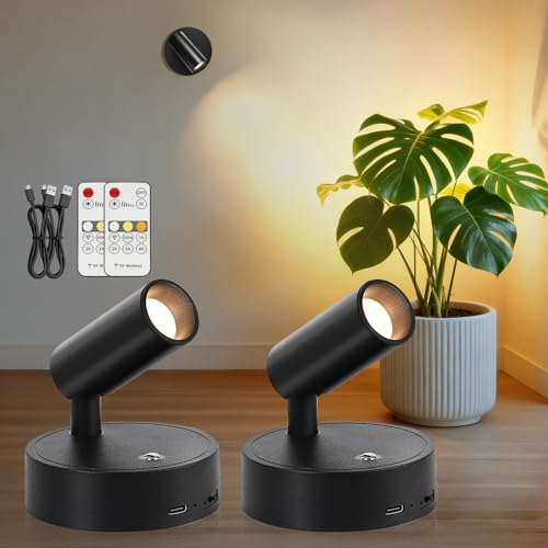 TaoFiaCo Spotlight Indoor, Wireless Battery Operated with Remote,Uplight Indoor Down Light for Picture on Wall, Plant Spotlight Dimmable Timer, Ceiling Lights Painting for Trees Plant, Black 2 Pack - color: Black, size: 2 Pack