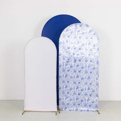 Efavormart Set of 3 White Blue French Toile Chiara Arch Backdrop Covers (7ft/6ft/5ft), Round Top Snug Fit, Double-Sided Matte Spandex, Elegant Pattern Design for Bridal Shower, Events - color: Floral Blue