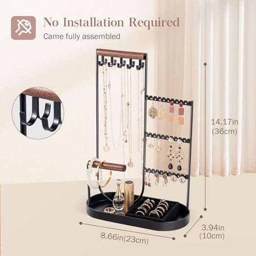 ProCase Jewelry Organizer Tower, 10 Hooks Jewelry Storage Rack Tree Holder Stand with Velvet Ring Display Tray for Necklaces Bracelets Earrings Rings Watches -Black - color: Balck