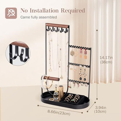 ProCase Jewelry Organizer Tower, 10 Hooks Jewelry Storage Rack Tree Holder Stand with Velvet Ring Display Tray for Necklaces Bracelets Earrings Rings Watches -Black - color: Balck