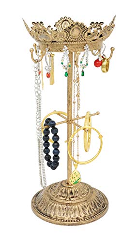 Vintage Crown Jewelry Tower Organizer - 13.1" Metal Jewelry Tree Stand, 6 Hooks, 12 Earring Holes & Bracelet Bars, Decorative Jewelry Display Holder for Necklaces, Earrings, Rings, Watches - Bronze - color: Rustic Bronze