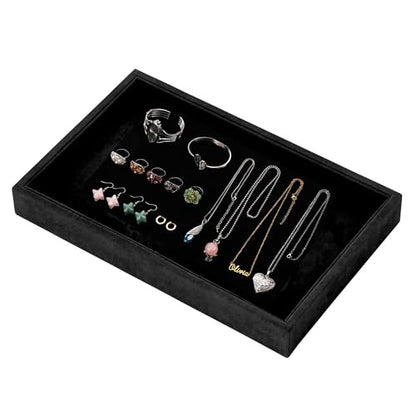 2 Pcs 9" x 5.7" Velvet Jewelry Tray Jewelry Display Tray, Stackable Empty Plate Trays for Earrings Necklaces Bracelet Rings Display Showcase - Black - color: Black, size: Flat Tray 9"x5.7"