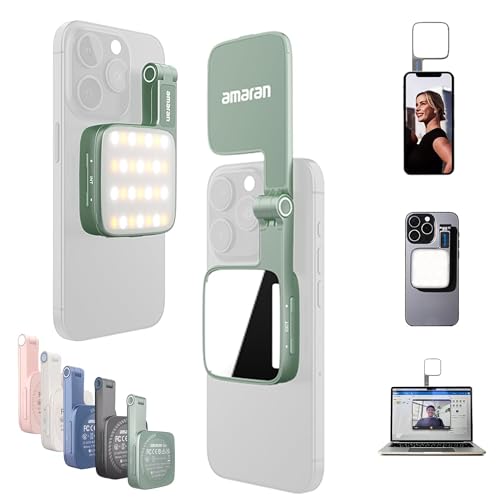 Magnetic Selfie Phone Light,Amaran Go Dual LED Light Source with Adjustable Mirror Light CCT 2700K-6500K,Rechargeable for Selfie,Makeup,Video Conference,TikTok,for iPhone & Android (Green) - color: Green