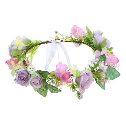 Bridal Flower Crown Adjustable Flower Headband Floral Halo Floral Crown Wedding Party Cosplay Halloween Costume - color: purple