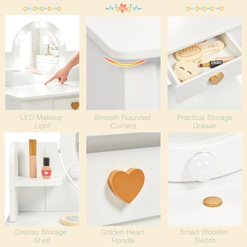 UTEX Kids Vanity, Girls Vanity Set with Mirror and Stool and Lights, Kids Vanity Table and Chair Set,Wooden Princess Makeup Desk Dressing Table, White - style: Golden Heart with LED Blubs