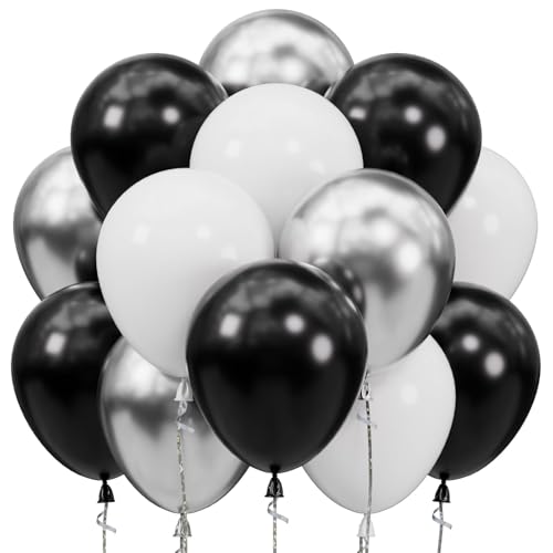 SUWEN Black and Silver Balloons,60pcs 12 inch Black White Silver Metallic Chrome Balloons for New Year Birthday Wedding Anniversary Party Decoration - color: Black Silver
