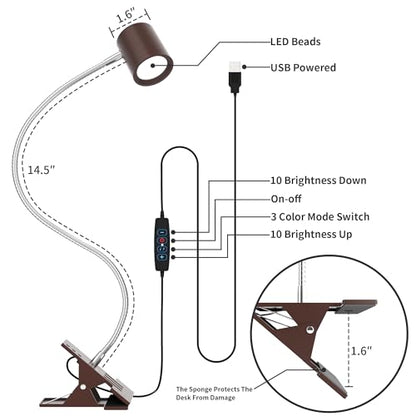 Dott Arts Desk Lamp,USB Clip On Light with 3 Color Modes,LED 10 Levels Brightness Reading Lamp, 360° Gooseneck Book Light,Eye-Care Reading Light for Home Office,Headboards Brown - color: Brown