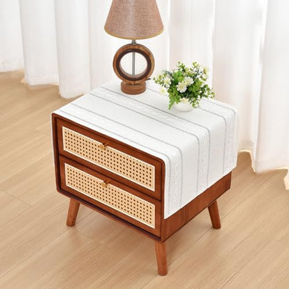 NEWISHER Rustic Farmhouse Embroidered Small Rectangle Tablecloth, Jacquard Striped Table Cloth Washable Fabric Dining Table Cover for Nightstand, Bedside Table, End Table (15x35 Inch) - color: Off White, size: 35" x 15" (Rectangular)