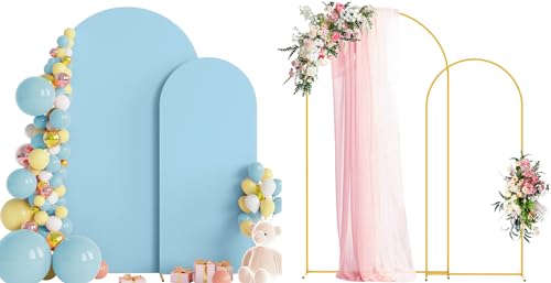 Wokceer Wedding Arch Backdrop Stand and Cover Set of 2 Metal Arch Stand with Arch Cover Dusty Blue 7.2FT, 6FT for Birthday Party Wedding Ceremony Bridal Baby Shower Event Decor - color: Dusty Blue