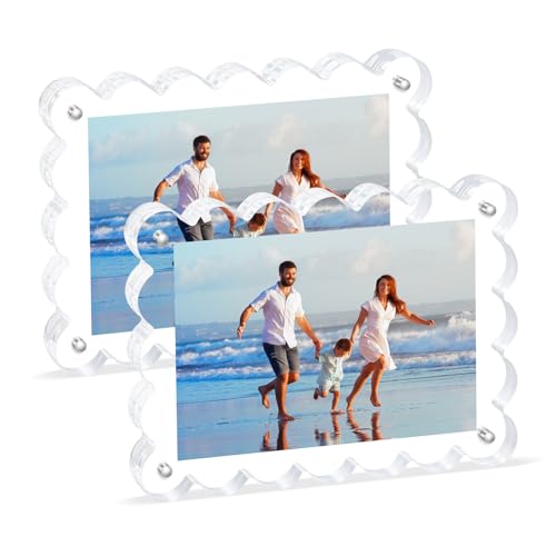 Scalloped Magnetic Picture Frame 4x6 Inch - 2Pack Clear Acrylic Photo Frame, 20mm Thick Double-Sided Magnet Design, Trendy Desktop Display for Home/Office Decor (2 Pack, 4X6) - color: 2 Pack, size: 4X6