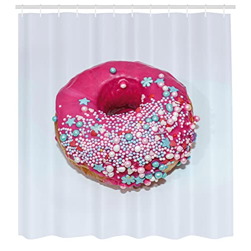 Ambesonne Donut Shower Curtain, Focused View of Pink Doughnut with Colorful Stars Flowers Sprinkle Print, Cloth Fabric Bathroom Decor Set with Hooks, 69" W x 70" L, Dark Magenta Soft Blue - color: Dark Magenta Soft Blue, size: 69" W x 70" L
