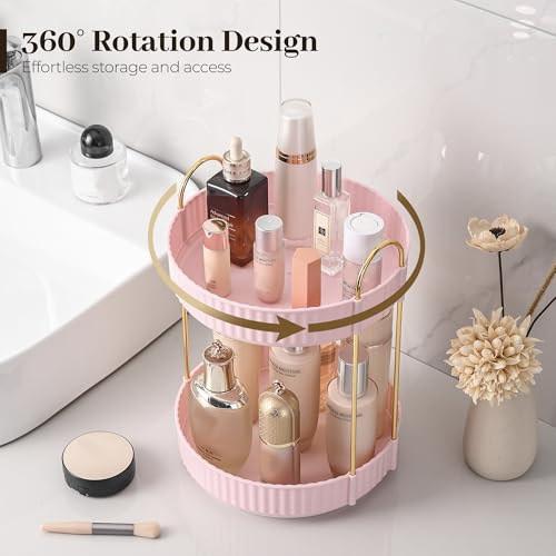 Aveniee 360 Rotating Makeup Organizer for Vanity, Skincare Perfume Organizers, Bathroom Countertop Organizer and Storage, Clear Cosmetics Lipstick Holder for Dresser,2 Tiers, Pink - color: Cream Pink, size: Standard-2 Tier