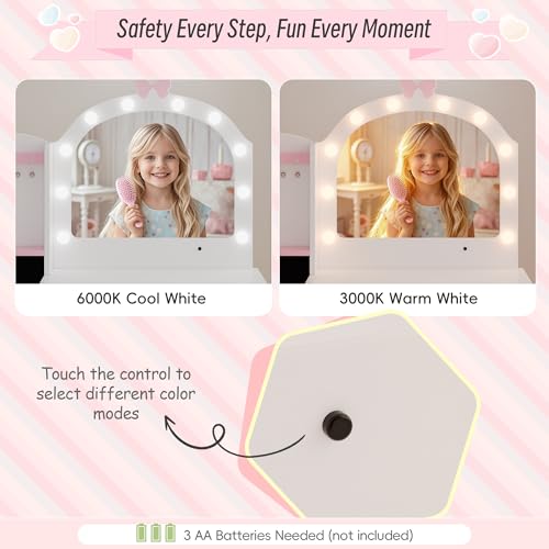 Girls Vanity Table and Chair Set, Kids Vanity with Jewelry Organizer for Princess, Toddler Makeup Vanity Desk with Open Shelf, Closed Cabinet and Butterfly Pattern, White - color: White