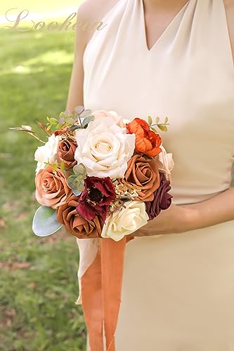 Lookein Set of 4 Bridesmaid Bouquet for Wedding 7 Inch Artificial Flowers Bouquet Wedding Bouquet Bridal Bouquet Tossing Bouquet for Wedding Ceremony Anniversary Bridal Shower, Chic Terracotta - color: 7" Chic Terracotta