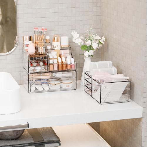 Yieach 3 Pack Clear Makeup Organizer Countertop for Dresser,Vanity and Bathroom Counter Organizer,Tiered Stackable Makeup Acrylic Organizers with 9 Drawer for Skincare,Brush and Make up Holders - style: 9 Drawers