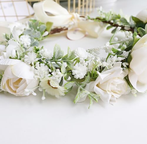 Women Flower Crown Wedding Floral Headband Flower Halo Floral Crown Bridal Party Cosplay Halloween Photos - color: beige white