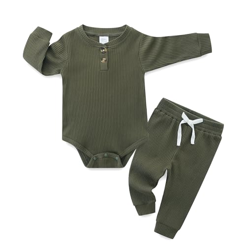 Hikido Newborn Baby Boy Girl Clothes Infant Ribbed Romper Cotton Long Sleeve Pant Sets for 0~18M Infant - color: Olive Green, size: 0-3 Months