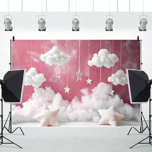 Yeele 12x6ft Girl Baby Shower Backdrop Starry Star Pillow White Clouds Pink Sky Photography Background for 1st 2nd Girl Birthday Party Baby Shower Party Newborn Portrait Photo Shoot Prop Decor - size: 12x6ft