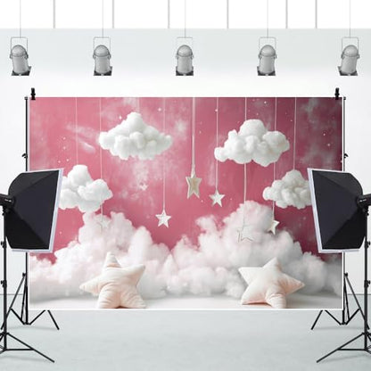 Yeele 10x8ft Girl Baby Shower Backdrop Starry Star Pillow White Clouds Pink Sky Photography Background for 1st 2nd Girl Birthday Party Baby Shower Party Newborn Portrait Photo Shoot Prop Decor - size: 10x8ft