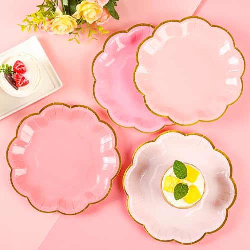 AimFun 48 Pcs Pink Party Plates Gradient Pink Dessert Paper Plates 7inch Gold Foil Scalloped Edge Disposable Cake Plates for Mothers Day Birthday Bridal Baby Shower Wedding Party Supplies - color: Pink