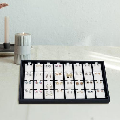 Ikee Design 2 Pcs Set Black Earring Display Tray with 32 Earring Cards Organizer, Jewelry Tray Display for Stud Earring Collection, 100pcs Earring Puffy Cards, 14 3/4W x 8 1/4D x 1H in, White, Black - color: Large Earring Card