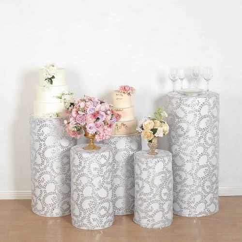Efavormart Set of 5 Silver Sequin Mesh Cylinder Display Box Stand Covers with Leaf Vine Embroidery, Sparkly Sheer Tulle Pedestal Pillar Prop Covers - color: Silver, size: Sequin Mesh Cylinder Covers - Leaf Pattern