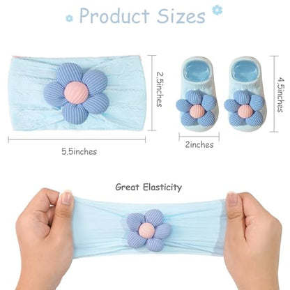 CÉLLOT Baby Girl Headband and Socks, Non-Slip Floral Socks and Soft Floral Nylon Hairbands for Babies Infants and Toddlers(White,Blue,Black) - color: White+Blue+Black