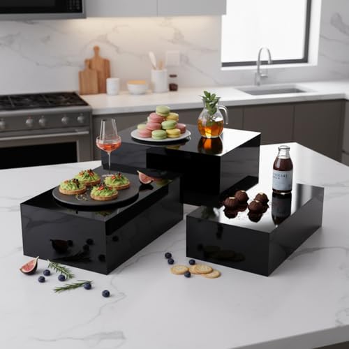 3 Pack Extra Large Acrylic Buffet Risers - 15”, 14”, 13” Black Display Stands with Hollow Bottoms, Cube Riser Boxes Nesting for Dessert Food Catering Buffet Display Party Supplies - color: Black, size: 15”,14”,13”