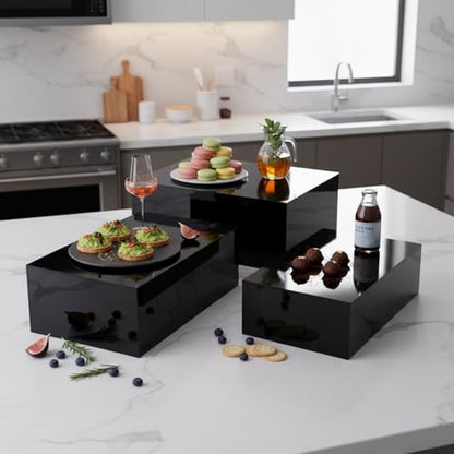 3 Pack Extra Large Acrylic Buffet Risers - 15”, 14”, 13” Black Display Stands with Hollow Bottoms, Cube Riser Boxes Nesting for Dessert Food Catering Buffet Display Party Supplies - color: Black, size: 15”,14”,13”