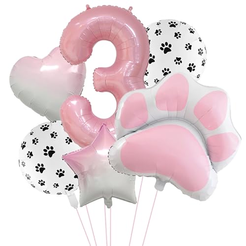 3rd Birthday Dog Paw Balloons Set,18'' Paw Prints, Heart,Star,Paw Shaped Foil Balloon 40 Inch Pink Number 3 Helium balloons for Puppy Themed Third Anniversary Birthday Party Decorations Supplies 6PCS - color: Pink-3