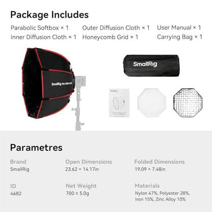 SmallRig RA-D60 Parabolic Softbox, 23.6" Quick Release Softbox with Carrying Bag, Compatible with SmallRig RC60 /RC100 Series COB Video Light for Photography Studio, Video Recording - size: 23.6 inches (Red)