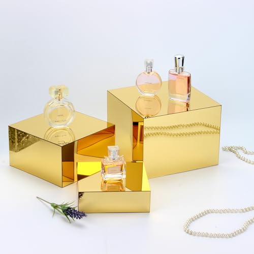 Acrylic Mirror Display Riser, 3 Pcs Glossy Gold Risers for Display Food Display Lifter Nesting Display Risers Hollow Bottom, Acrylic Box Rack Perfume Cosmetics Collection Stand - color: Gold
