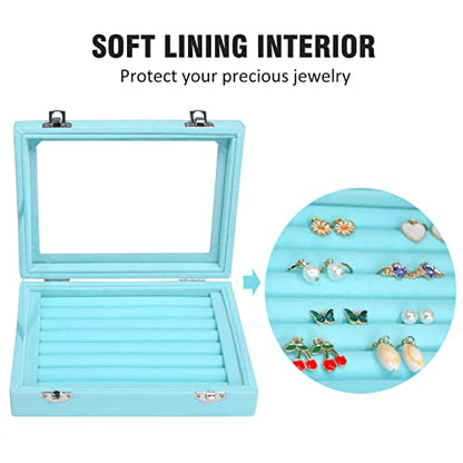Vicoter Rings Organizer Tray 7 Slots Velvet Jewelry Earring Storage Box with Transparent lid Jewelry Display Case for Girls Wife Mom Women (Light Blue) - color: Light Blue