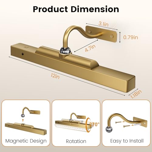 Picture Light Wall Sconce, 4400mAh Rechargeable Wireless Battery Lighting, 12'' Dimmable LED with Remote 3CCT for Wall Art Gallery Display (Antque Gold) - color: Antique Gold, size: 12IN-1pack