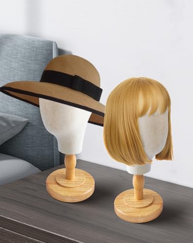 CHADWICK Canvas Wig Head Stand with Detachable Wood Stand - Great for Hats, Caps Display and Wig Making, 21Inch Mannequin Head Block, Dome Model Head, Helmet Jewelry Glasses Headband Display, Beige
