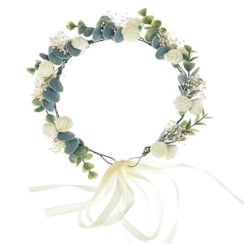 Greenery Leaf Crown Rustic Wedding Headpiece Bridal Headband Photo Prop - color: White Babysbreath