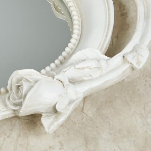 Elegant Rose Melody Mirrored Oval Vanity Tray | Handpainted Rose Flowers Florals Bloom Blossoms Vines | Antique White | Charming Sophisticated