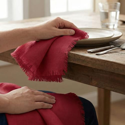 ACCENTHOME Red Cotton Linen Napkin Set of 12 18x18 inch Dinner Napkins - Washable Soft Premium Hotel Quality Reusable Hemmed Edges Napkins Perfect Table Linens for Family Dinners, Weddings - color: 06 - Red, size: 18"x18" - Pack of 12
