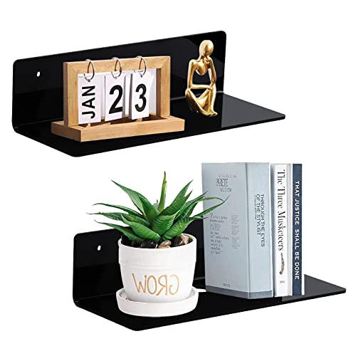 9 Inch Acrylic Floating Shelf No Drill Adhesive Wall Shelf Set of 2 for Funko Pop Storage, Floating Shelves Damage-Free Expand Wall Space for Living Room, Bathroom, Gaming Room, Office - Black - color: Black