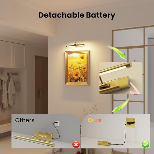 16" Gallery Picture Light with 1pcs Extra 6000mAh Battery- Brass Cordless Rechargeable Wall Sconce with Remote for Library, Study Room, Art & Renter Use - color: Brass, size: 16 Inch (1 Extra Battery)